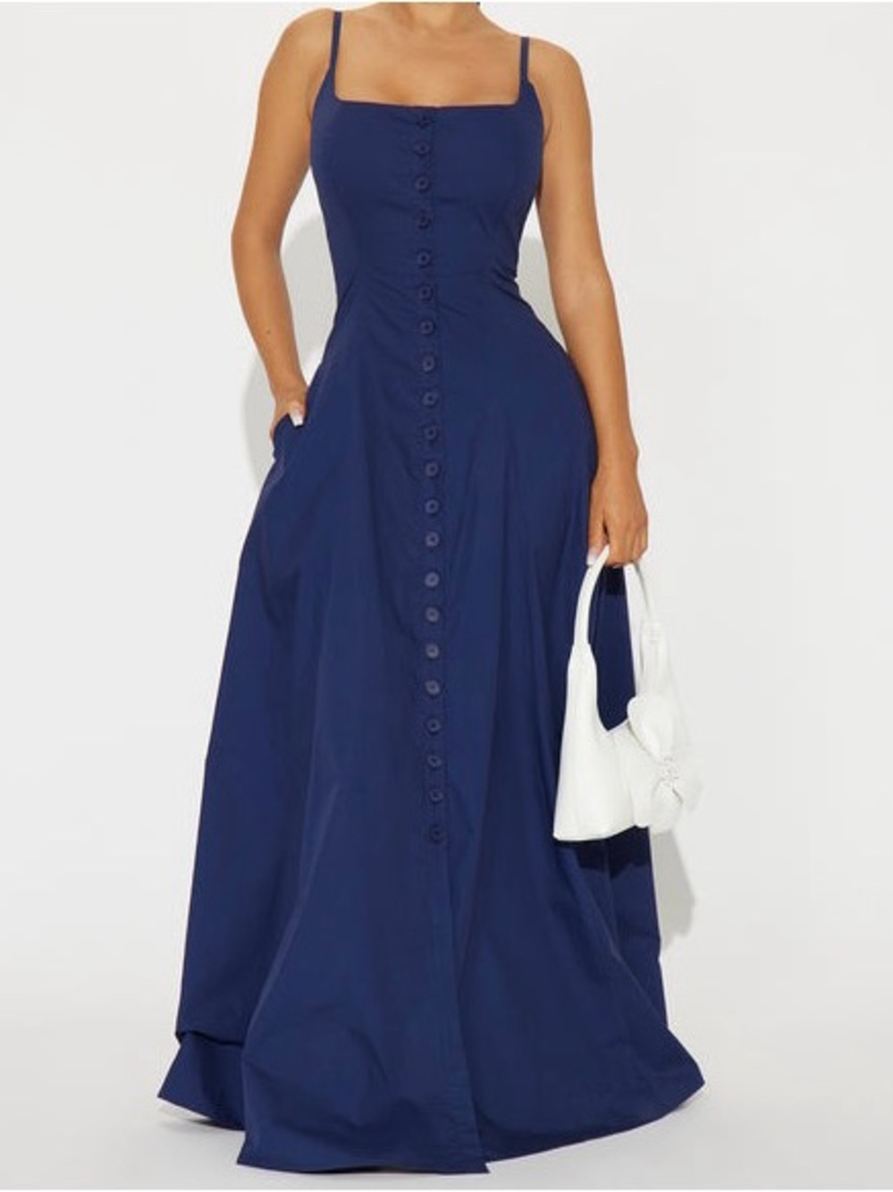 Fashion Nova Navy Square-Neck Maxi Dress with Front Buttons